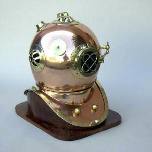 diving helmet with wooden base