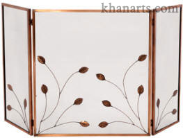 three panel fire screen , copper antique fireplace screen with leaves design made of wrought iron